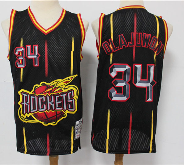 Mens Houston Rockets #34 Hakeem Olajuwon Mitchell & Ness Black Retro Throwback Jersey