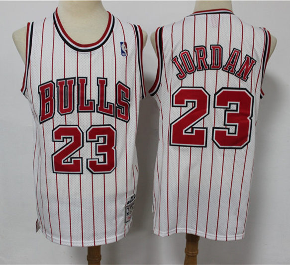 Men's Chicago Bulls #23 Michael Jordan White Pinstripe Mitchell & Ness Hardwood Classics Reload Jersey