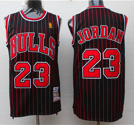 Men's Chicago Bulls #23 Michael Jordan 1996-97 Swingman Black Pinstripe Mitchell&Ness Throwback Jersey