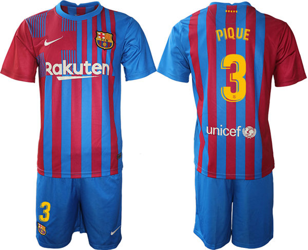 Mens Barcelona #3 Gerard Pique 2021 Red Blue Home Soccer Jersey kit
