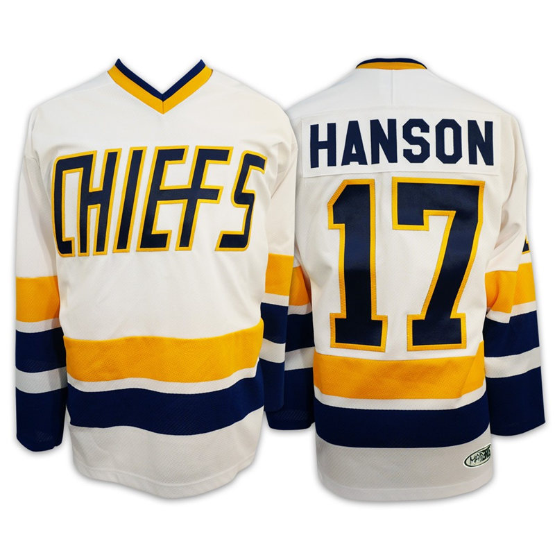 Youth #17 Steve HANSON Charlestown CHIEFS Hanson brothers Home White Jersey