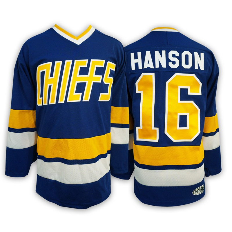 Youth #16 Jack HANSON Charlestown CHIEFS Hanson brothers Away Blue Jersey
