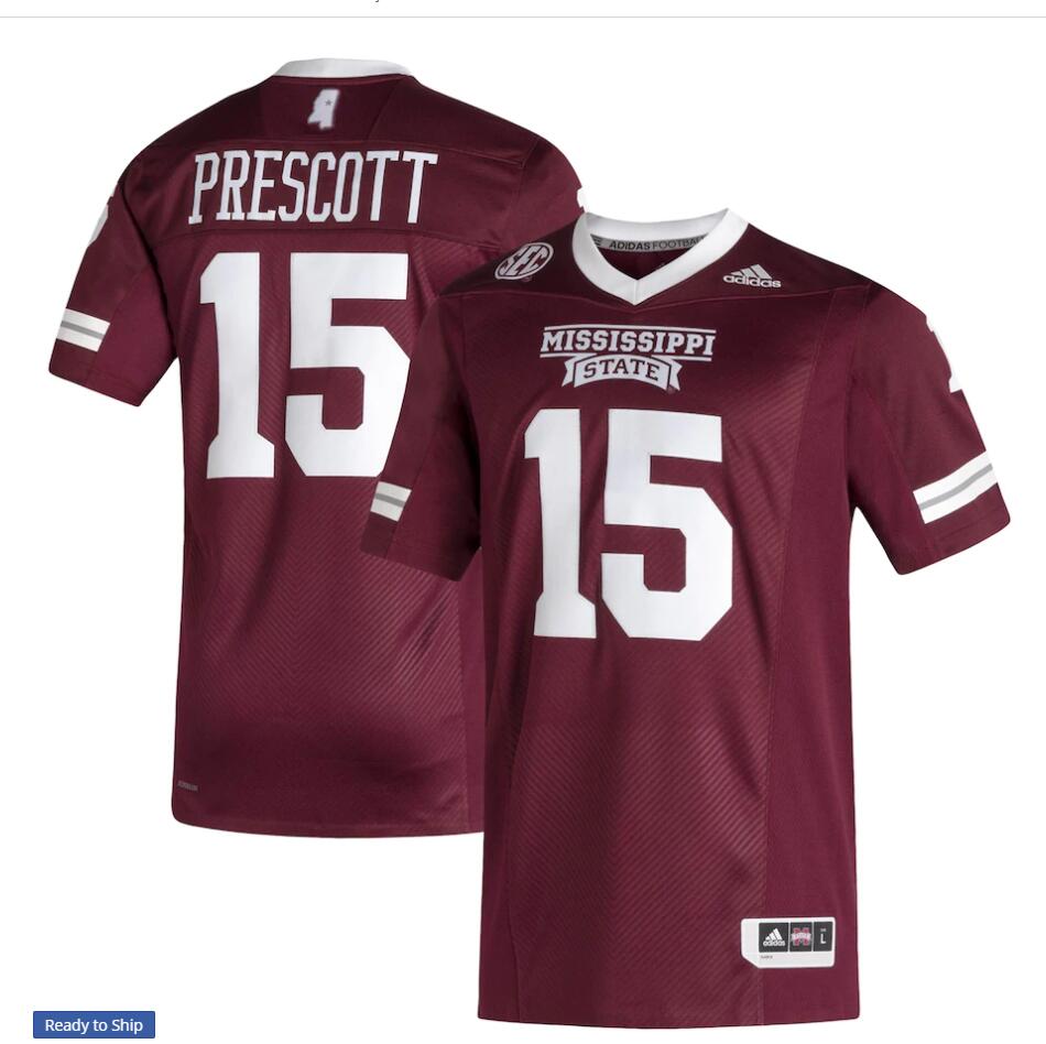 Men's Mississippi State Bulldogs #15 Dak Prescott adidas 2020 Maroon Football Jersey