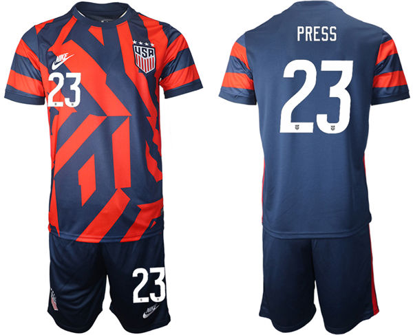 Mens USA National Team #23 Christen Press 2021 Away Navy Red Soccer Jersey Suit