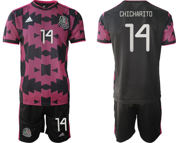 Mens Mexico National Team #14 Chicharito   Black Red 2021 Rosa Mexicano Jersey