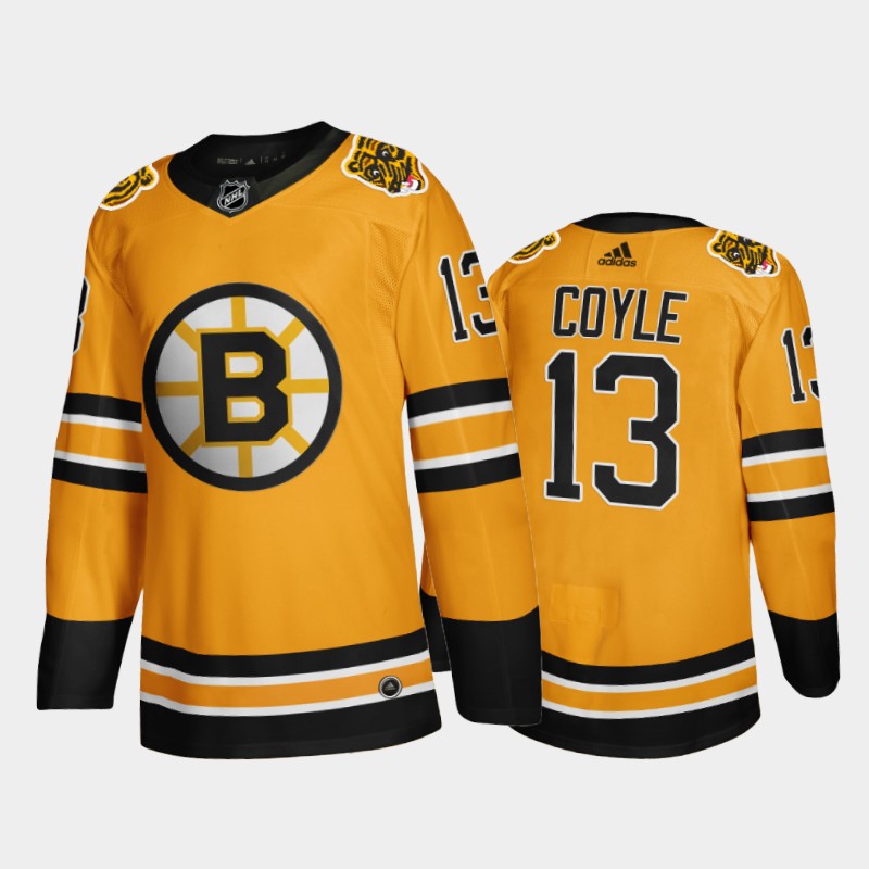 Mens Boston Bruin #13 Charlie Coyle Yellow 2021 adidas NHL REVERSE RETRO JERSEYS