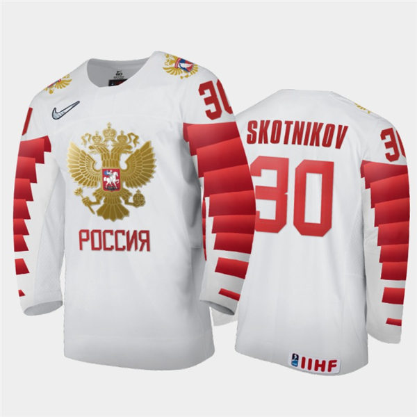 Mens Russia Hockey Team #30 Vsevolod Skotnikov Stitched 2021 IIHF World Junior Championship Home White Jersey