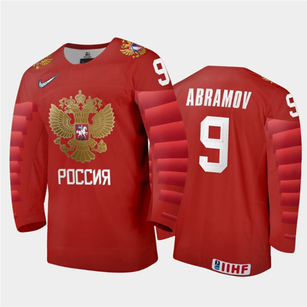 Mens Russia Hockey Team Mikhail Abramov #9 Stitched 2021 IIHF World Junior Championship Away Red Jersey