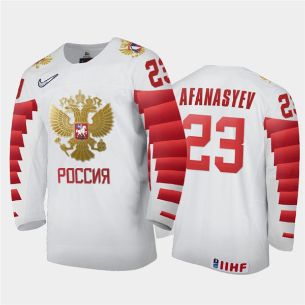 Mens Russia Hockey Team #23 Yegor Afanasyev Stitched 2021 IIHF World Junior Championship Home White Jersey