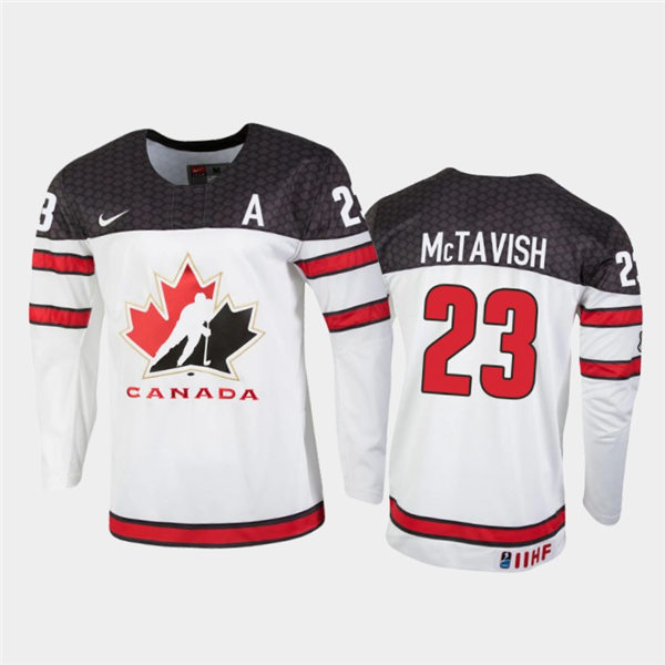 Mens Canada Hockey U18 Team #23 Mason McTavish  Stitched 2021 IIHF World Junior Championship Home White Jersey