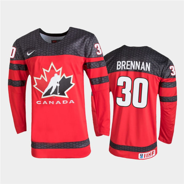 Mens Canada Hockey U18 Team #30 Tyler Brennan  Stitched 2021 IIHF World Junior Championship Away Red Jersey