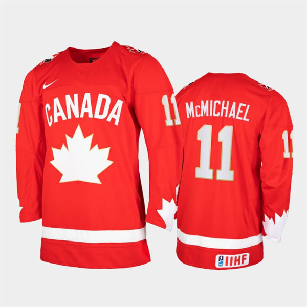 Mens 2021 IIHF World Junior Championship Canada Hockey Team #11 Connor Mcmichael Stitched Nike Heritage Red Jersey  