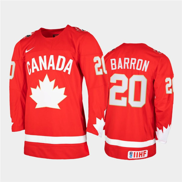 Mens 2021 IIHF World Junior Championship Canada Hockey Team #20 Justin Barron Stitched Nike Heritage Red Jersey  