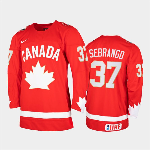 Mens 2021 IIHF World Junior Championship Canada Hockey Team #37 Donovan Sebrango Stitched Nike Heritage Red Jersey  