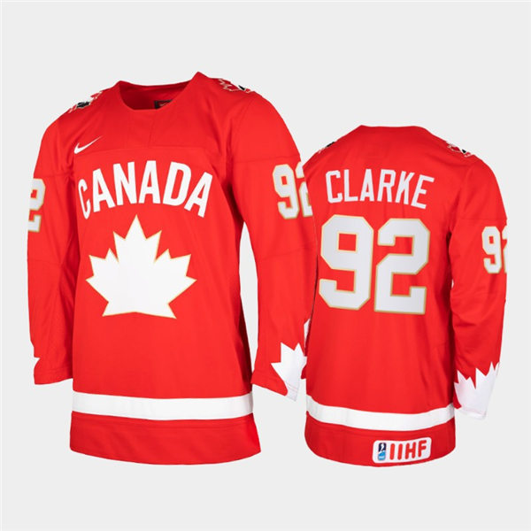 Mens 2021 IIHF World Junior Championship Canada Hockey Team #92 Graeme Clarke Stitched Nike Heritage Red Jersey  