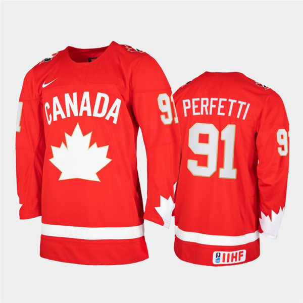 Mens 2021 IIHF World Junior Championship Canada Hockey Team #91 Cole Perfetti Stitched Nike Heritage Red Jersey  