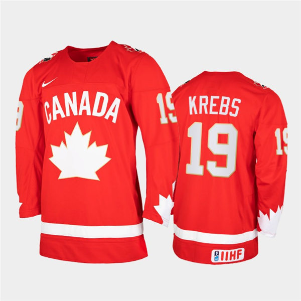 Mens 2021 IIHF World Junior Championship Canada Hockey Team #19 Peyton Krebs Stitched Nike Heritage Red Jersey  