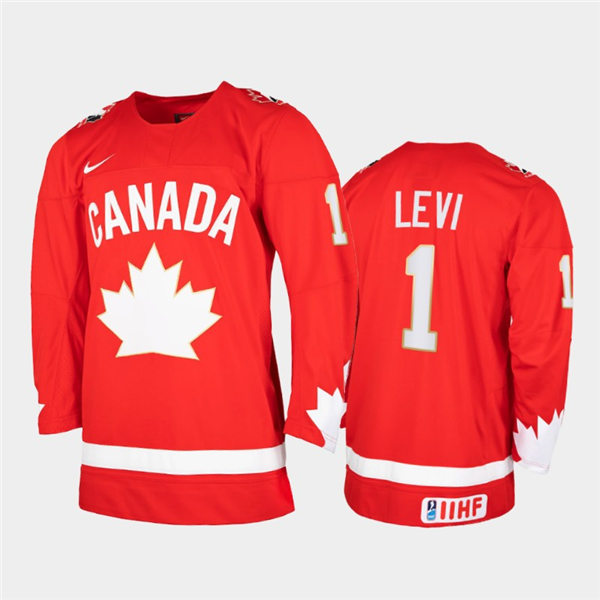 Mens 2021 IIHF World Junior Championship Canada Hockey Team #1 Devon Levi Stitched Nike Heritage Red Jersey  