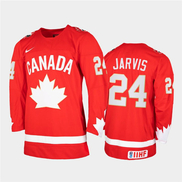Mens 2021 IIHF World Junior Championship Canada Hockey Team #24 Seth Jarvis Stitched Nike Heritage Red Jersey  