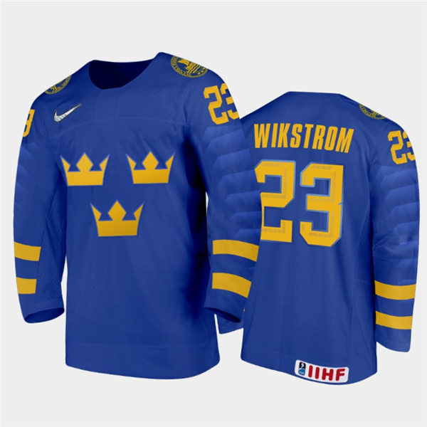 Mens Sweden Hockey TeamJonathan Wikstrom #23 Stitched 2021 IIHF World Junior Championship Away Blue Jersey