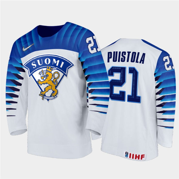 Mens Finland Hockey Team Patrik Puistola #21 Stitched 2021 IIHF World Junior Championship Home White Jersey
