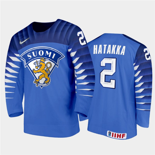 Mens Finland Hockey Team Santeri Hatakka #2 Stitched 2021 IIHF World Junior Championship Away Blue Jersey