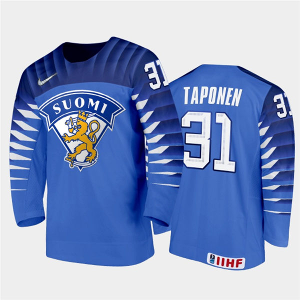 Mens Finland Hockey Team Roope Taponen #31 Stitched 2021 IIHF World Junior Championship Away Blue Jersey