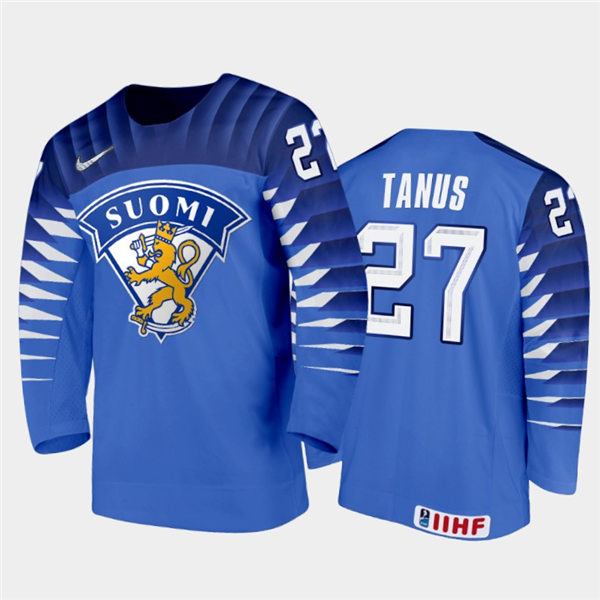 Mens Finland Hockey Team Kristian Tanus #27 Stitched 2021 IIHF World Junior Championship Away Blue Jersey
