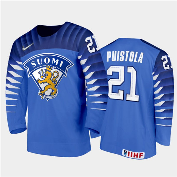 Mens Finland Hockey Team Patrik Puistola #21 Stitched 2021 IIHF World Junior Championship Away Blue Jersey