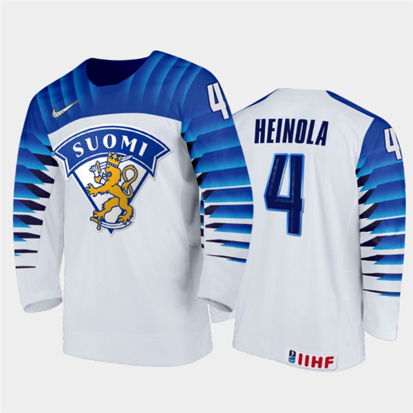 Mens Finland Hockey Team Ville Heinola #4 Stitched 2021 IIHF World Junior Championship Home White Jersey