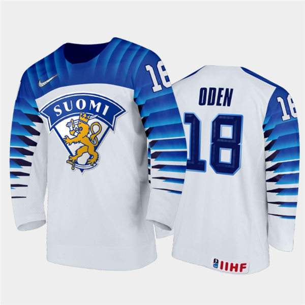 Mens Finland Hockey Team Joonas Oden #18 Stitched 2021 IIHF World Junior Championship Home White Jersey
