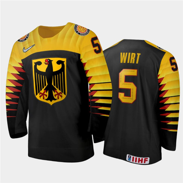 Mens Germany Hockey Team Daniel Wirt #5 Stitched 2021 IIHF World Junior Championship Away Black Jersey