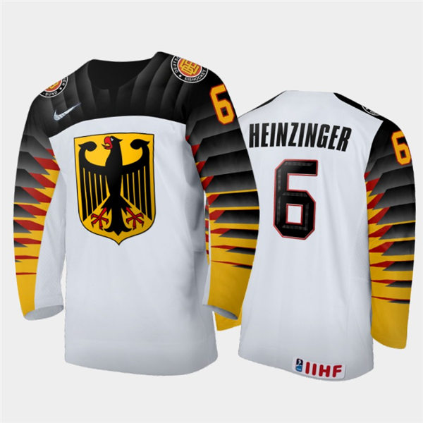 Mens Germany Hockey Team Niklas Heinzinger #6 Stitched 2021 IIHF World Junior Championship Home White Jersey