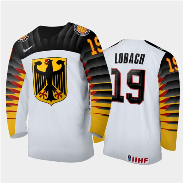 Mens Germany Hockey Team Dennis Lobach #19 Stitched 2021 IIHF World Junior Championship Home White Jersey