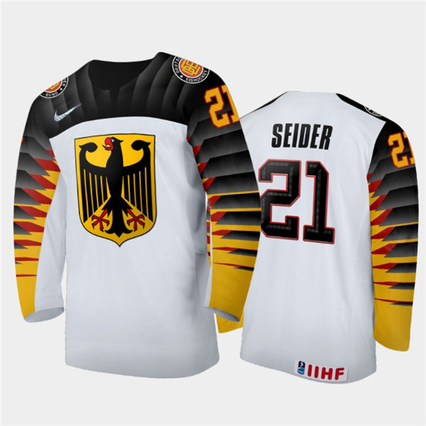 Mens Germany Hockey Team Moritz Seider #21 Stitched 2021 IIHF World Junior Championship Home White Jersey