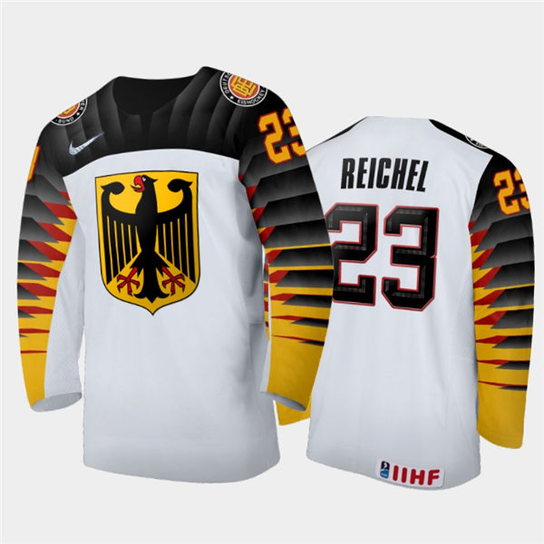 Mens Germany Hockey Team Lukas Reichel #23 Stitched 2021 IIHF World Junior Championship Home White Jersey