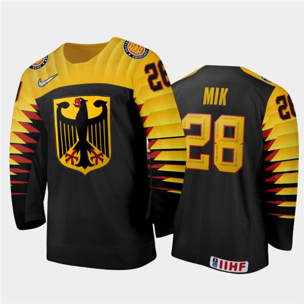 Mens Germany Hockey Team Eric Mik #28 Stitched 2021 IIHF World Junior Championship Away Black JerseyAway Jersey