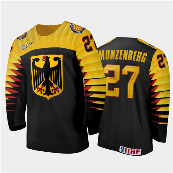 Mens Germany Hockey Team Luca Munzenberger #27 Stitched 2021 IIHF World Junior Championship Away Black Jersey