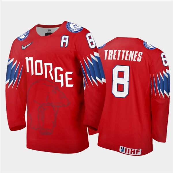 Mens Norway Hockey Team Mathias Trettenes #8  Stitched 2021 IIHF World Junior Championship Away Red Jersey