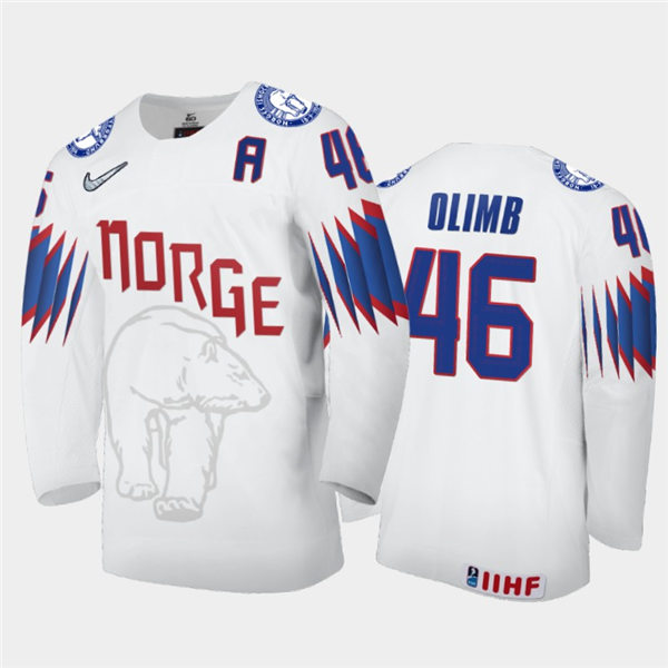 Mens Norway Hockey Team Mathis Olimb #46 Stitched 2021 IIHF World Junior Championship Home White Jersey