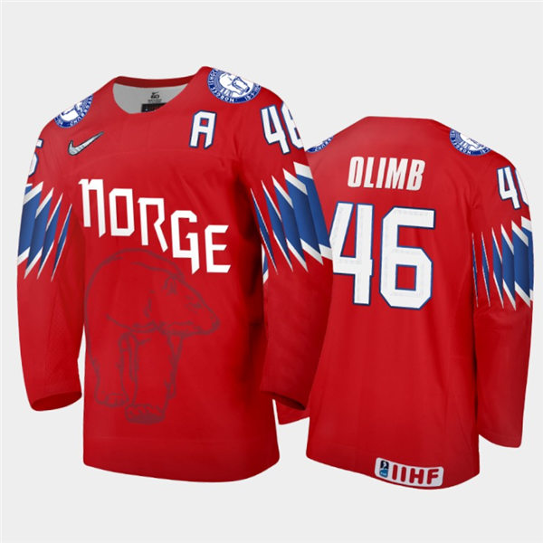 Mens Norway Hockey Team Mathis Olimb #46  Stitched 2021 IIHF World Junior Championship Away Red Jersey