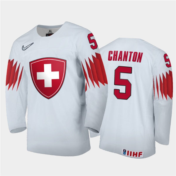 Mens Switzerland Hockey Team Giancarlo Chanton #5 Stitched 2021 IIHF World Junior Championship Home White Jersey