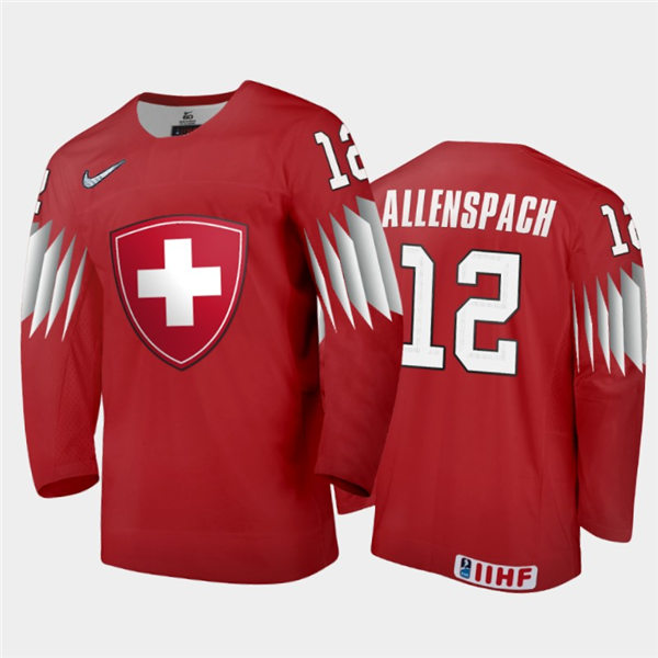 Mens Switzerland Hockey Team Dario Allenspach #12 Stitched 2021 IIHF World Junior Championship Away Red Jersey