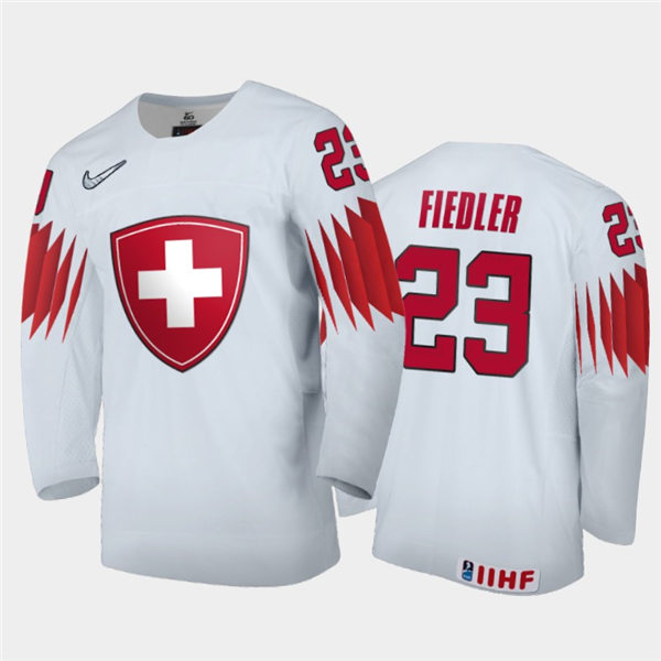 Mens Switzerland Hockey Team Cedric Fiedler #23 Stitched 2021 IIHF World Junior Championship Home White Jersey