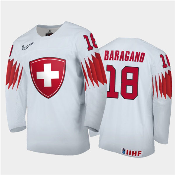 Mens Switzerland Hockey Team Inaki Baragano #18 Stitched 2021 IIHF World Junior Championship Home White Jersey