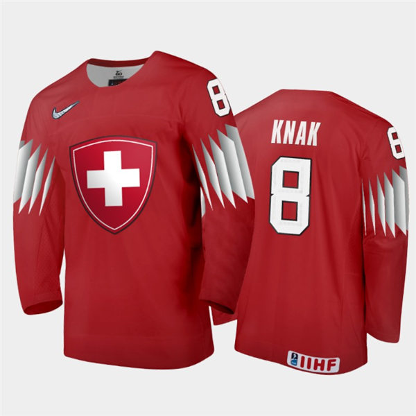 Mens Switzerland Hockey Team Simon Knak #8 Stitched 2021 IIHF World Junior Championship Away Red Jersey