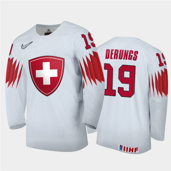 Mens Switzerland Hockey Team Keanu Derungs #19 Stitched 2021 IIHF World Junior Championship Home White Jersey