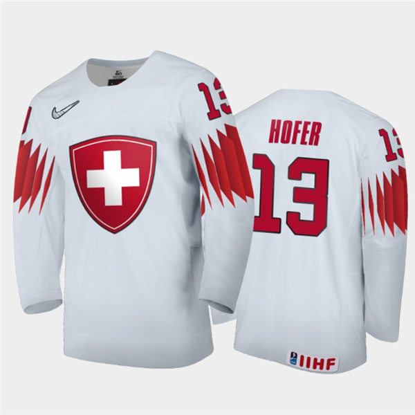 Mens Switzerland Hockey Team Valentin Hofer #13 Stitched 2021 IIHF World Junior Championship Home White Jersey