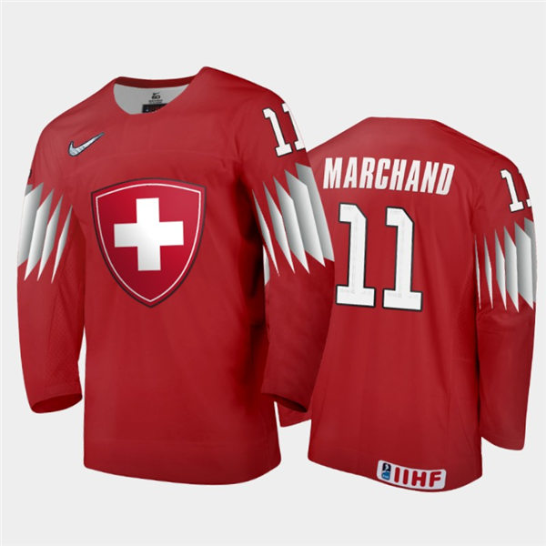 Mens Switzerland Hockey Team Lionel Marchand #11 Stitched 2021 IIHF World Junior Championship Away Red Jersey