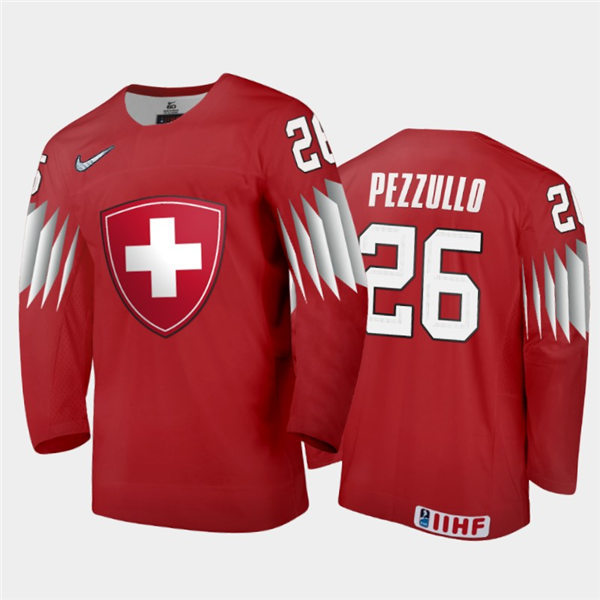 Mens Switzerland Hockey Team Rocco Pezzullo #26 Stitched 2021 IIHF World Junior Championship Away Red Jersey